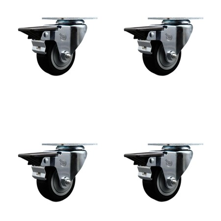 Service Caster 3'' Black Poly Wheel Swivel Top Plate Caster Set Posi Brake, 4PK SCC-20S314-PPUB-BLK-PLB-4